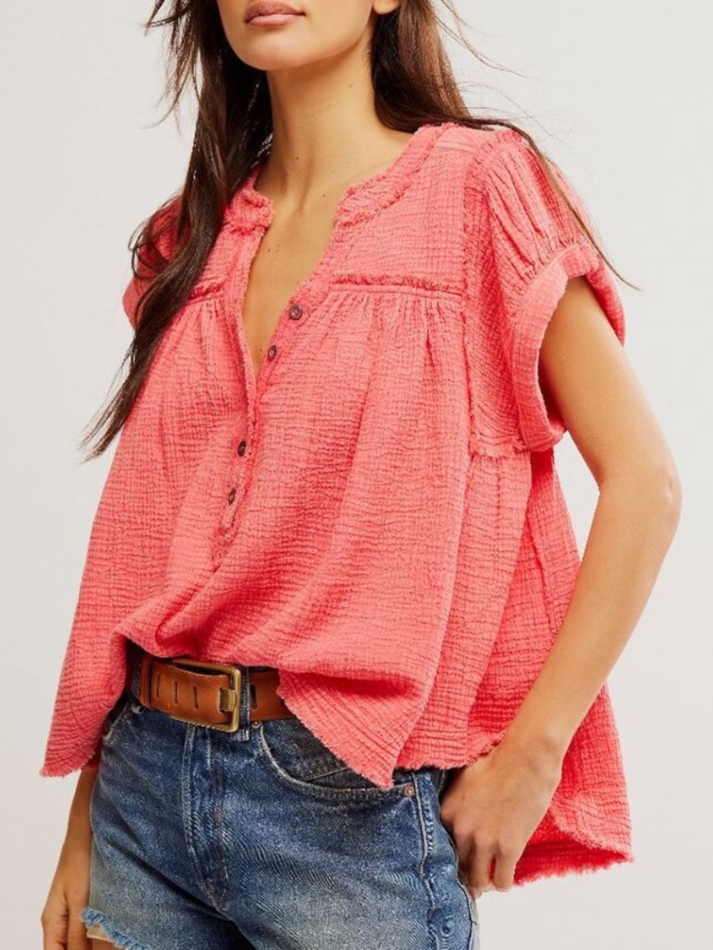 Free People Horizons Double Cloth Top Womens Size Small Coral Pink Cotton Flowy